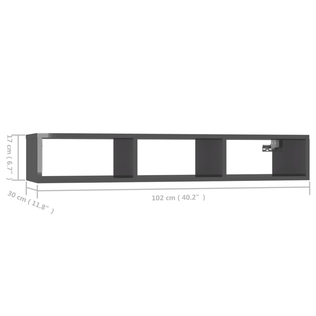 vidaXL Nástenná polica, lesklá sivá 102x30x17 cm, kompozitné drevo