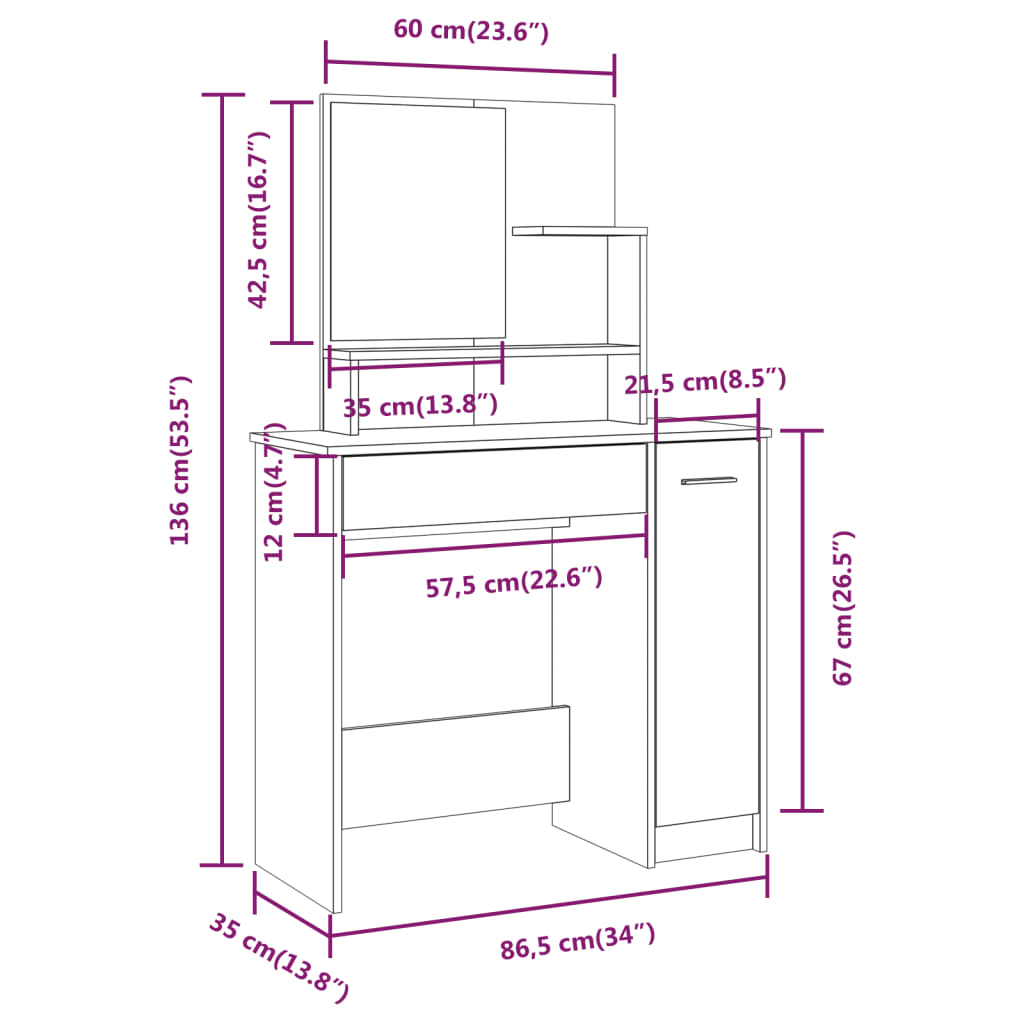 vidaXL Toaletný stolík so zrkadlom lesklý biely 86,5x35x136 cm
