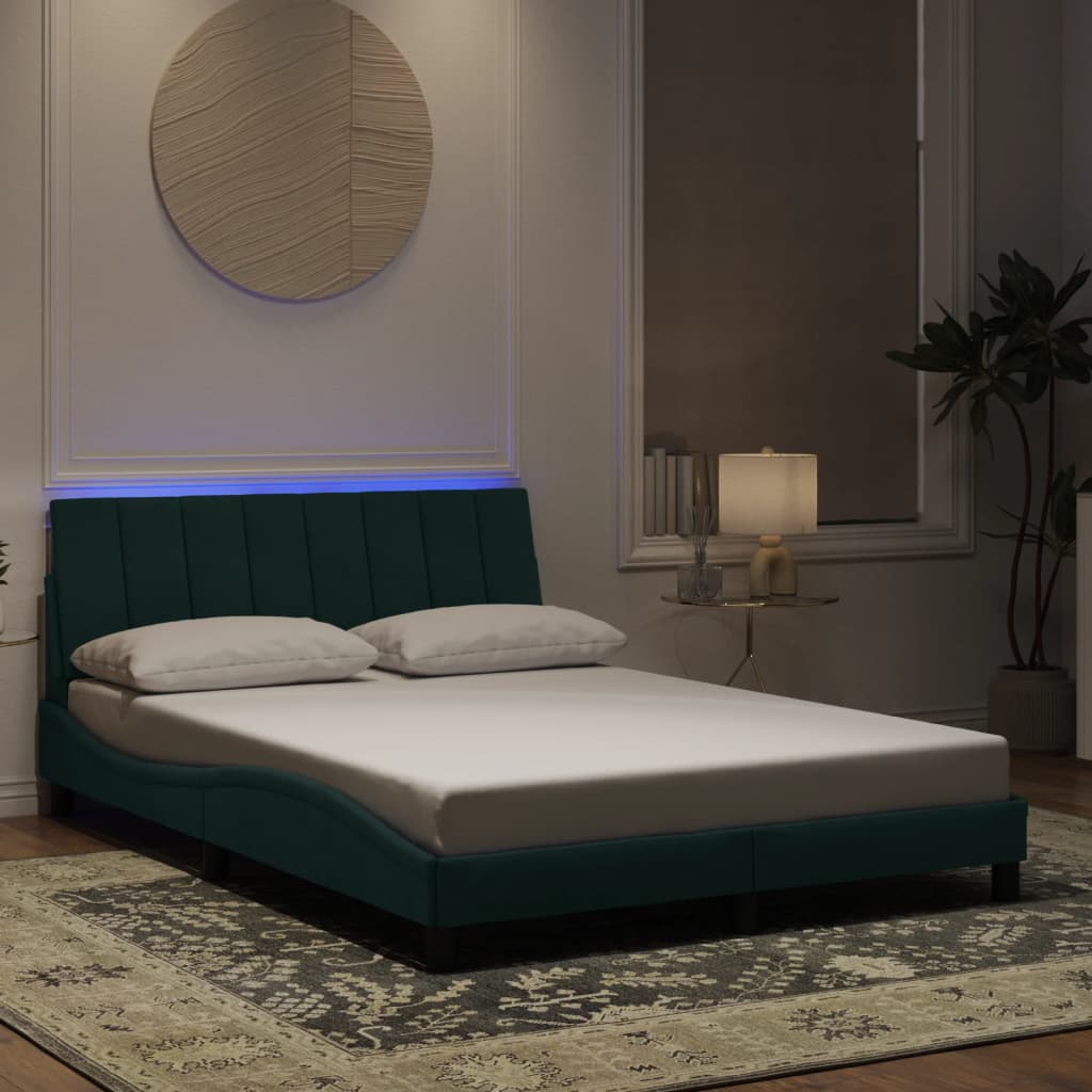 vidaXL Rám postele s LED svetlami tmavozelený 120x200 cm zamat