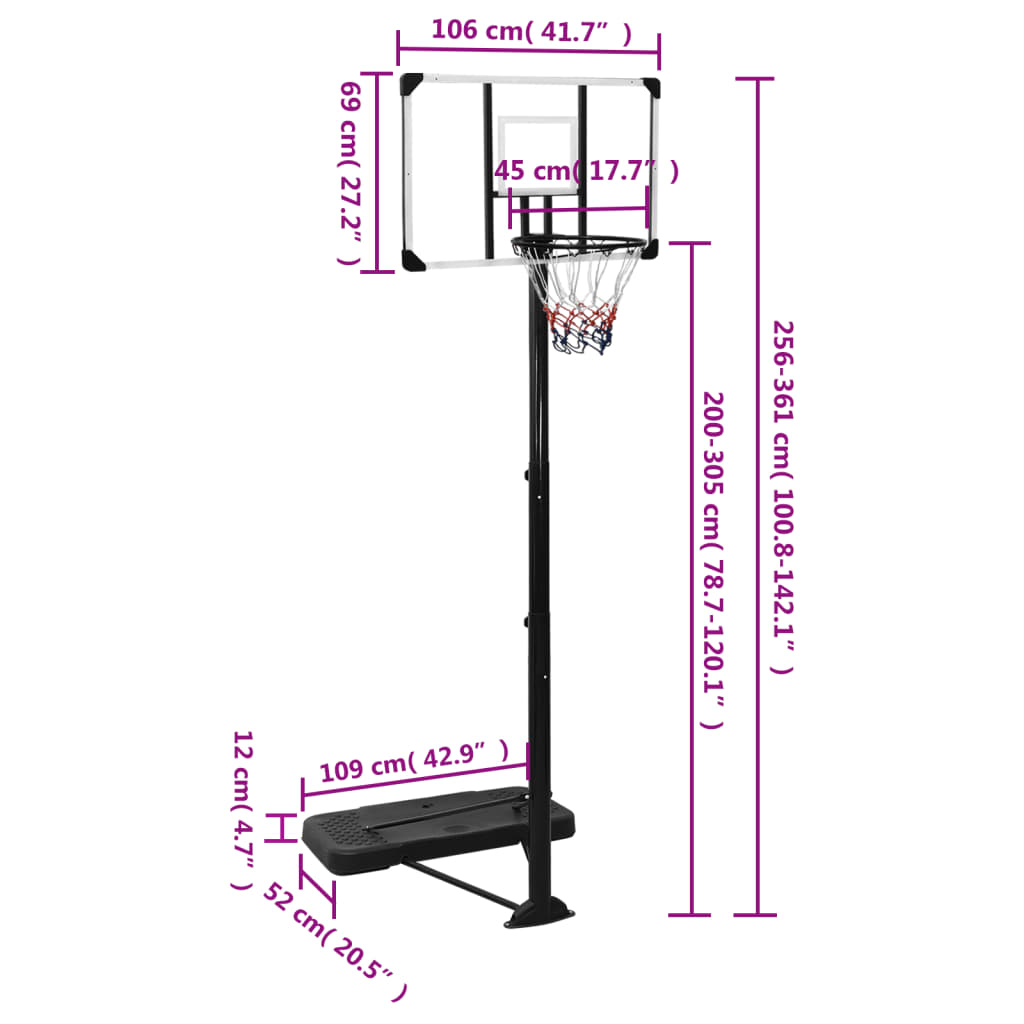 vidaXL Basketbalový stojan priehľadný 256-361 cm polykarbonát
