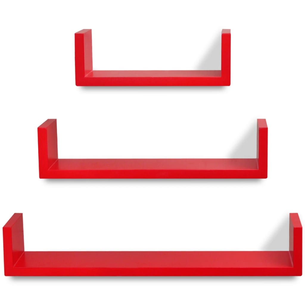 3 červené nástenné police v tvare U na knihy/DVD, MDF