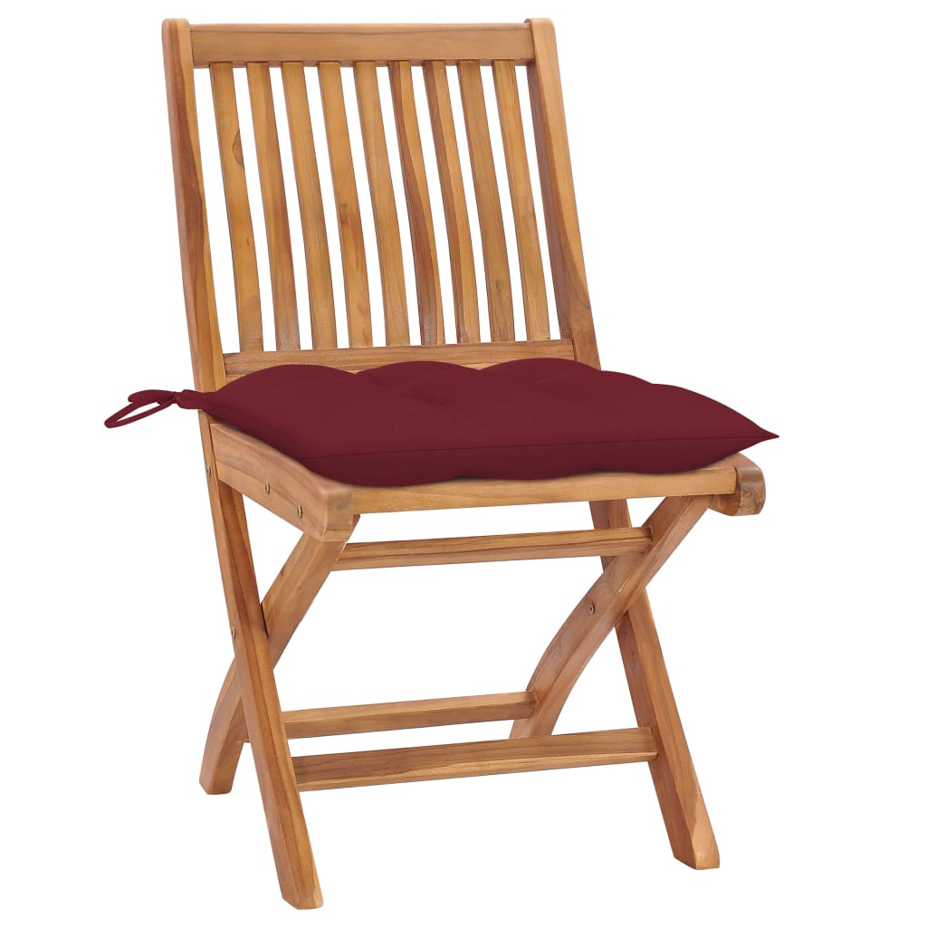 vidaXL Záhradné stoličky 2 ks, vínovo červené podložky, tíkový masív