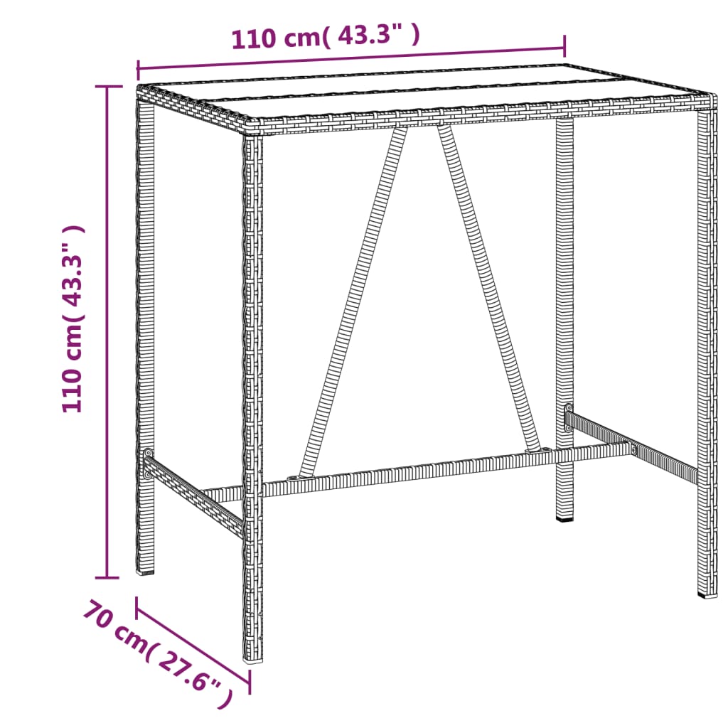 vidaXL Barový stôl so sklenenou doskou sivý 110x70x110 cm polyratan