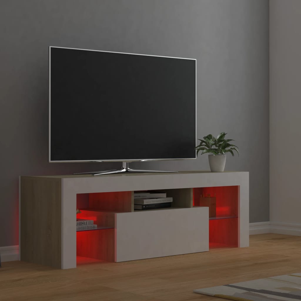 vidaXL TV skrinka s LED svetlami biela a dub sonoma 120x35x40 cm