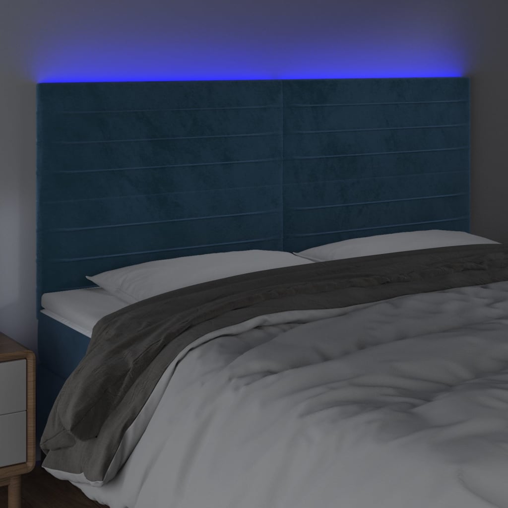 vidaXL Čelo postele s LED tmavomodré 200x5x118/128 cm zamat
