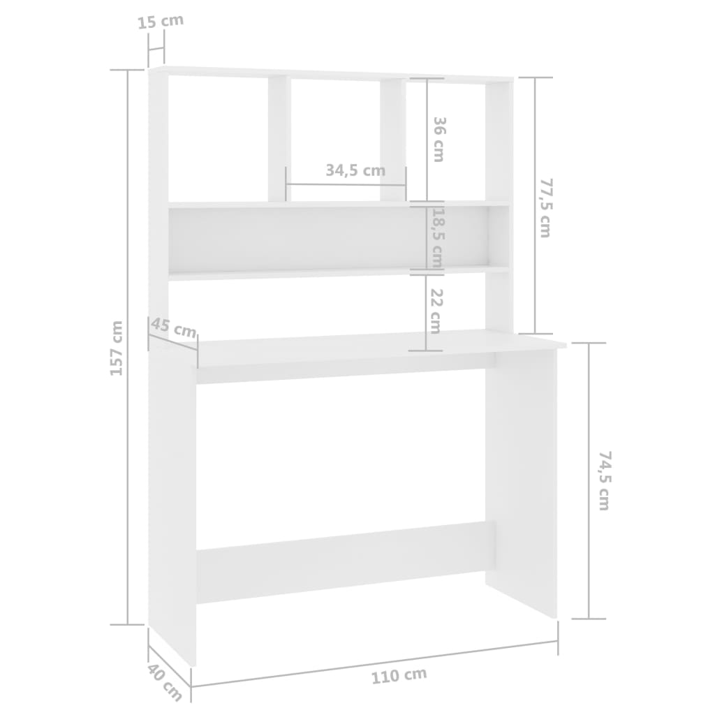 vidaXL Stôl s policami, biely 110x45x157 cm, kompozitné drevo