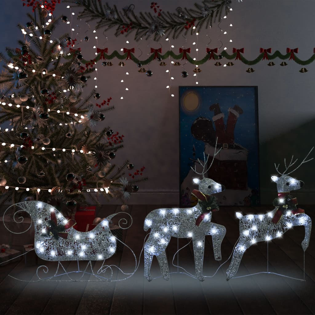 vidaXL Vianočná vonkajšia dekorácia soby a sane 60 LED diód strieborná