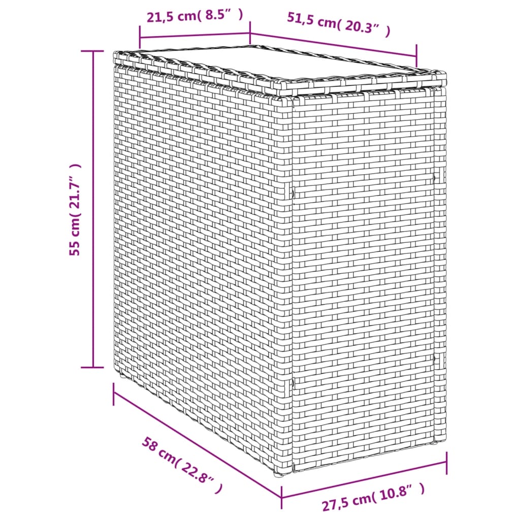 vidaXL Záh. príručný stôl sklenená doska béžový 58x27,5x55cm polyratan