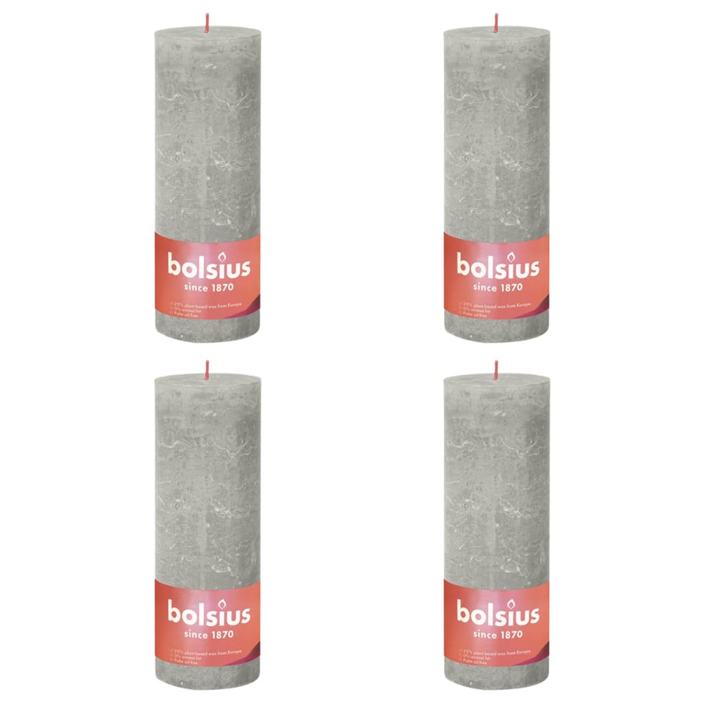 Bolsius Rustikálne valcové sviečky Shine 4 ks 190x68 mm, pieskovo sivé