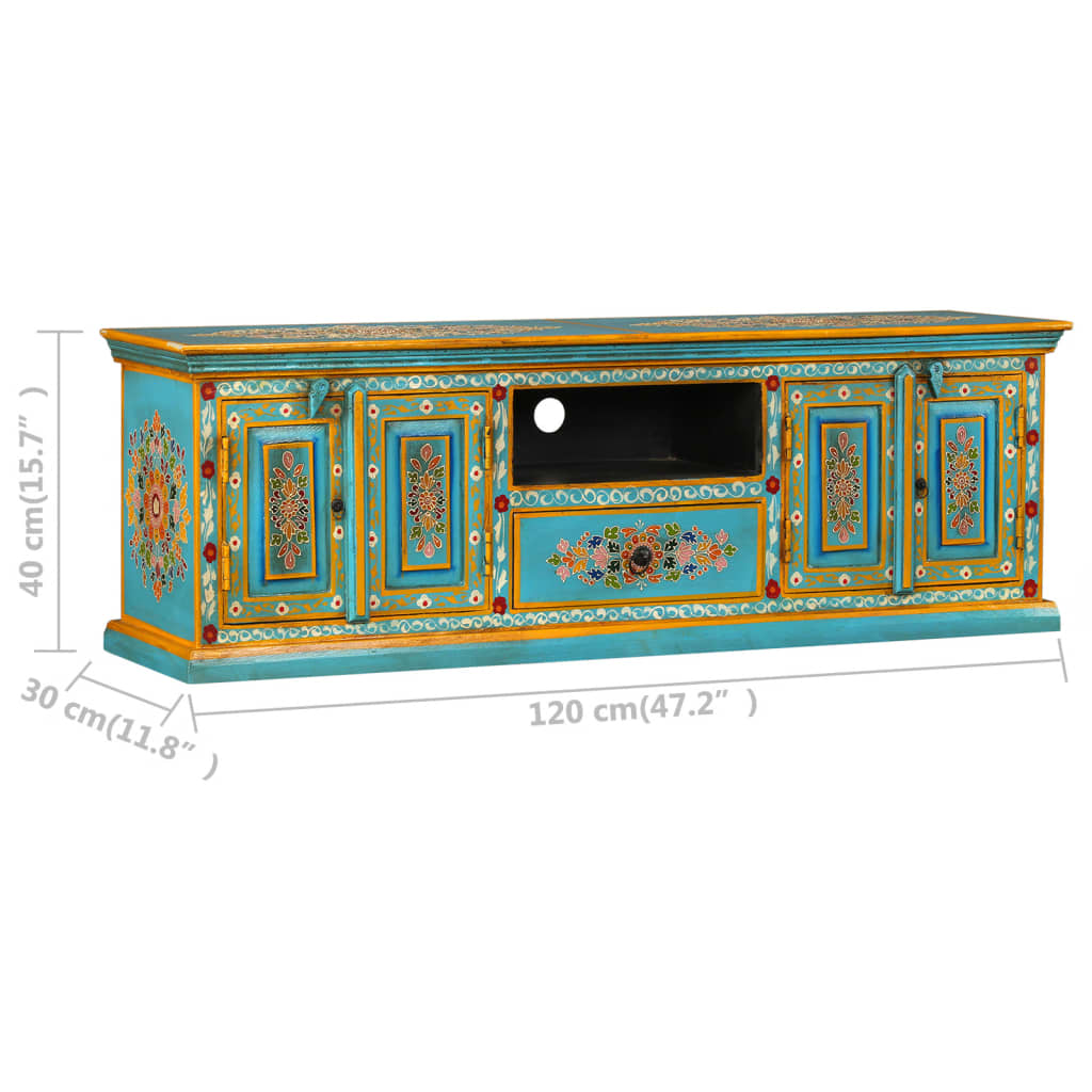 vidaXL Modrý TV stolík z mangového dreva, ručne maľovaný