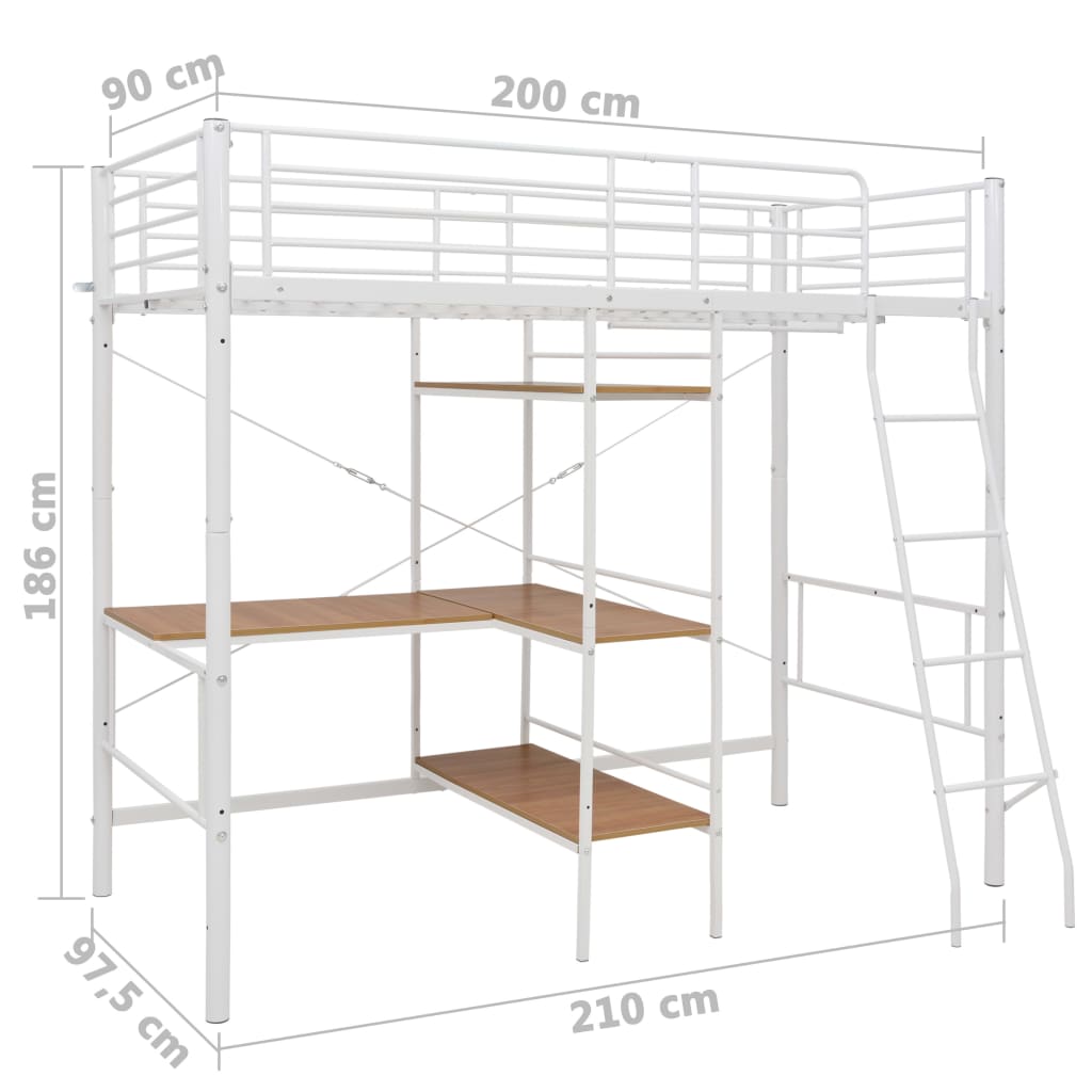 vidaXL Poschodová posteľ s rámom stola biela 90x200 cm kovová