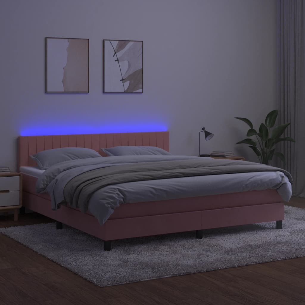vidaXL Posteľný rám boxsping s matracom a LED ružový 180x200 cm zamat