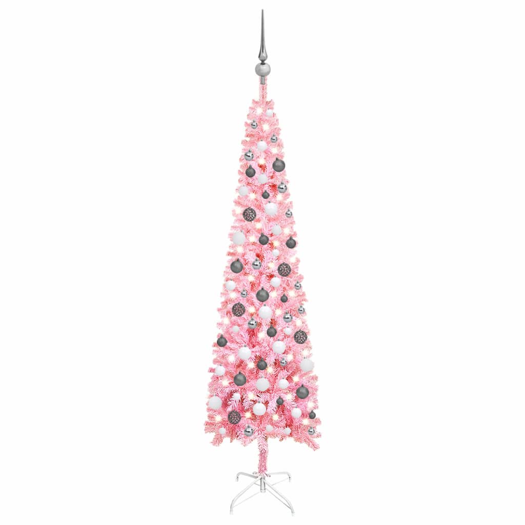 vidaXL Úzky vianočný stromček s LED a sadou gulí ružový 180 cm