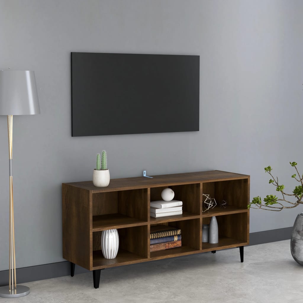 vidaXL TV stolík s nohami z kovu hnedý dub 103,5x30x50 cm