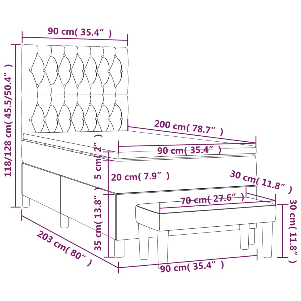 vidaXL Posteľný rám boxsping s matracom bledosivý 90x200 cm látka