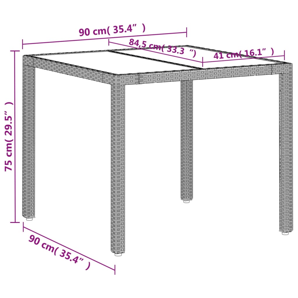 vidaXL Záhr. stôl so sklenenou doskou svetlosivý 90x90x75 cm polyratan