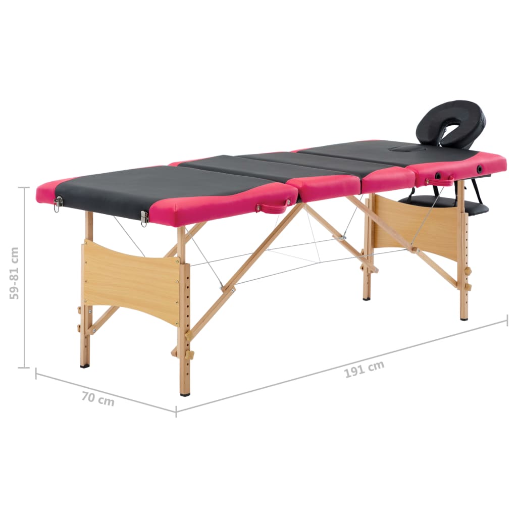 vidaXL Skladací masážny stôl, 4 zóny, drevo, čierno ružový