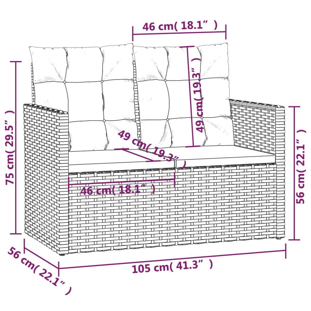 vidaXL Záhradná lavička s vankúšmi čierna 105 cm polyratan