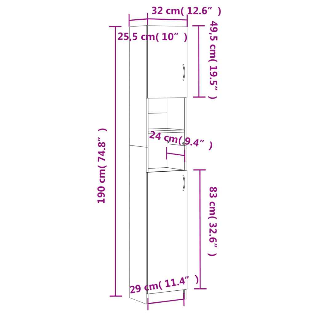vidaXL Kúpeľňová skrinka, betónová 32x25,5x190 cm, kompozitné drevo