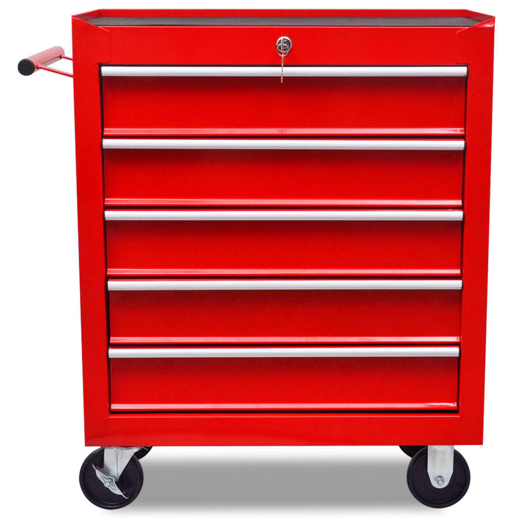 Červený dielenský vozík na náradie s 5 zásuvkami