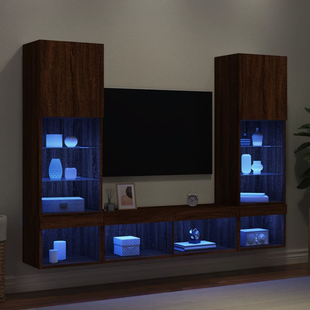 vidaXL 5-dielne TV nástenné skrinky s LED hnedý dub kompozitné drevo