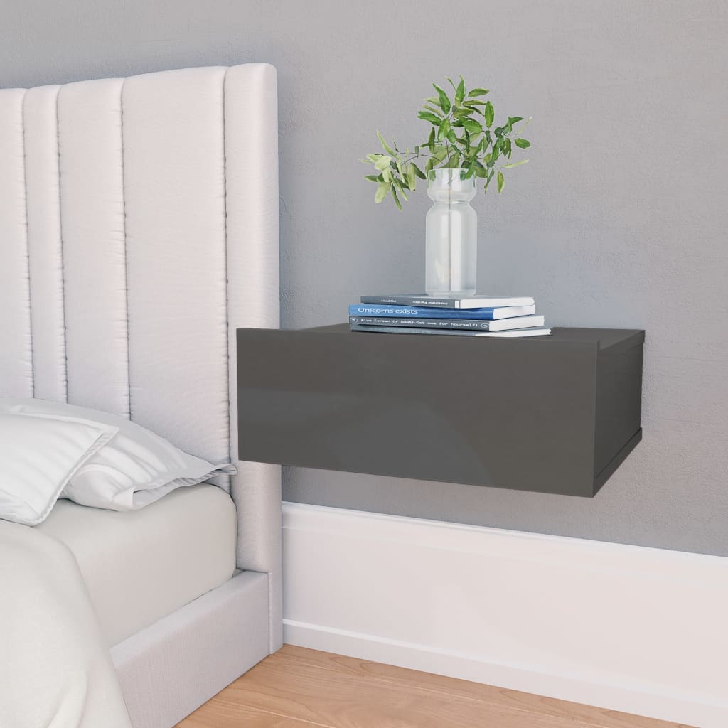 vidaXL Nástenný nočný stolík, lesklý sivý 40x30x15cm, kompozitné drevo