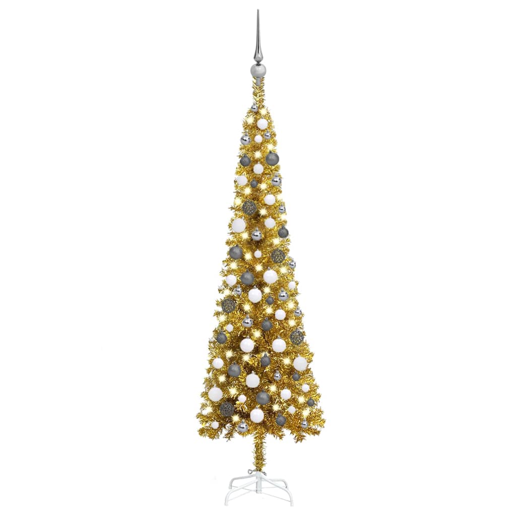 vidaXL Úzky osvetlený vianočný stromček s guľami, zlatý 150 cm