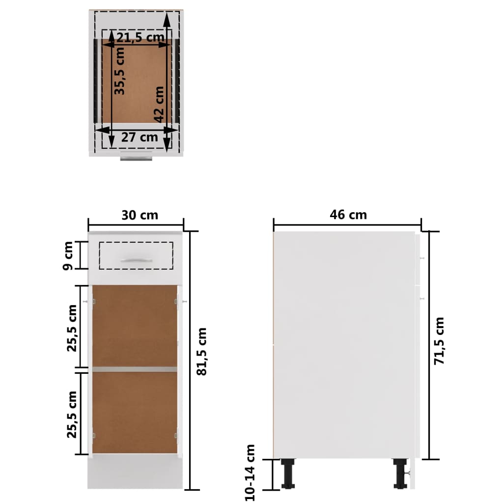 vidaXL Spodná skrinka+zásuvka, biela 30x46x81,5 cm, kompozitné drevo