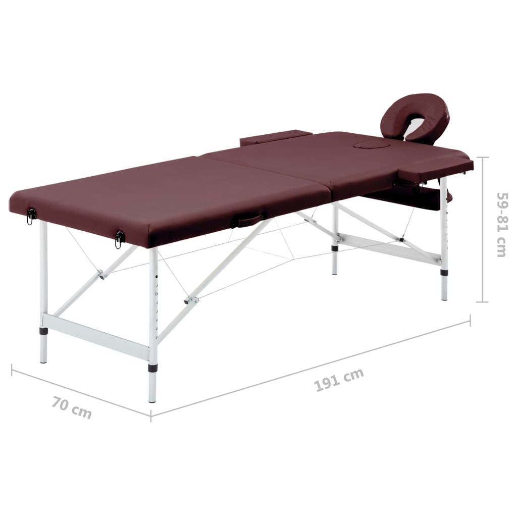 vidaXL Skladací masážny stôl, 2 zóny, hliník, vínovo fialový