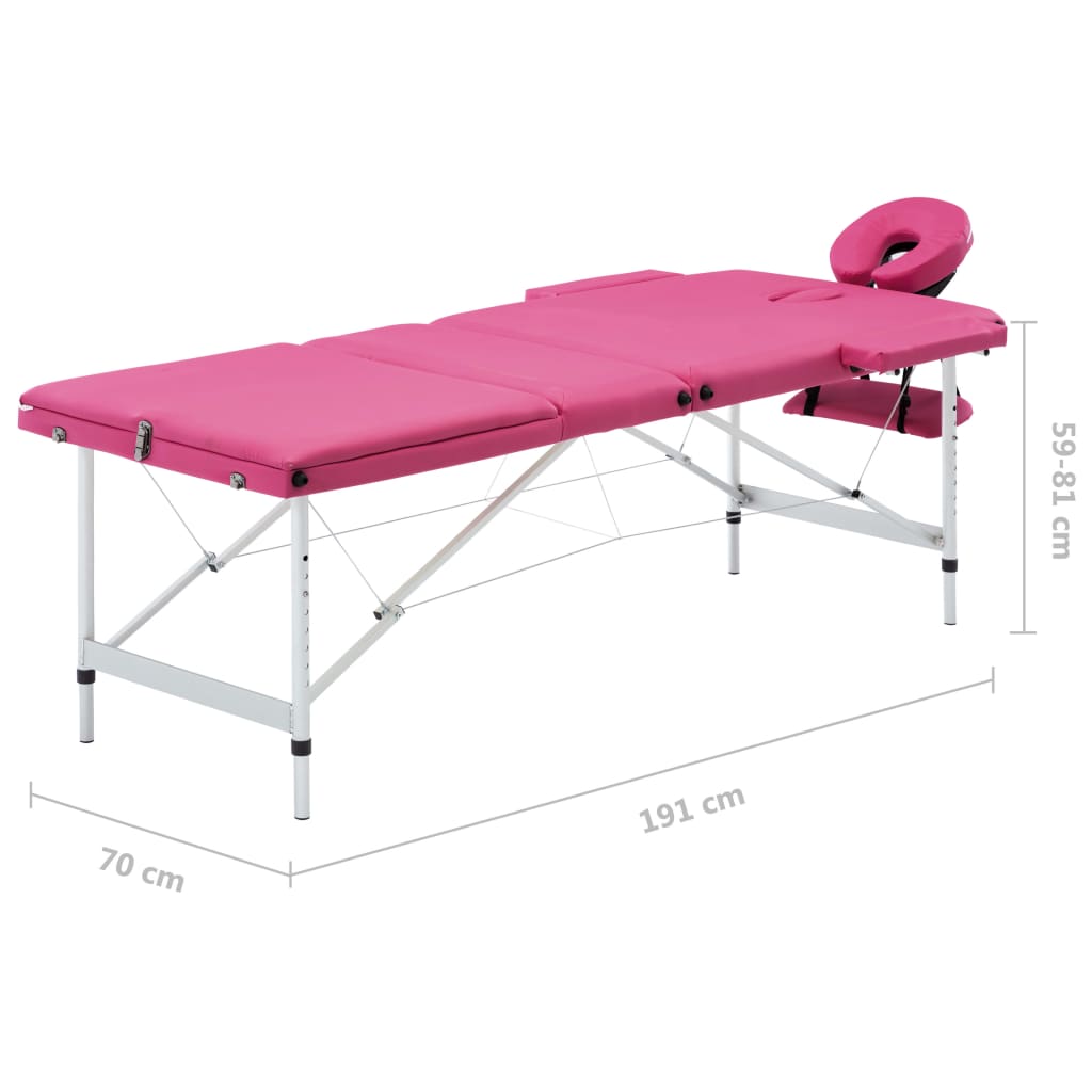 vidaXL Skladací masážny stôl, 3 zóny, hliník, ružový