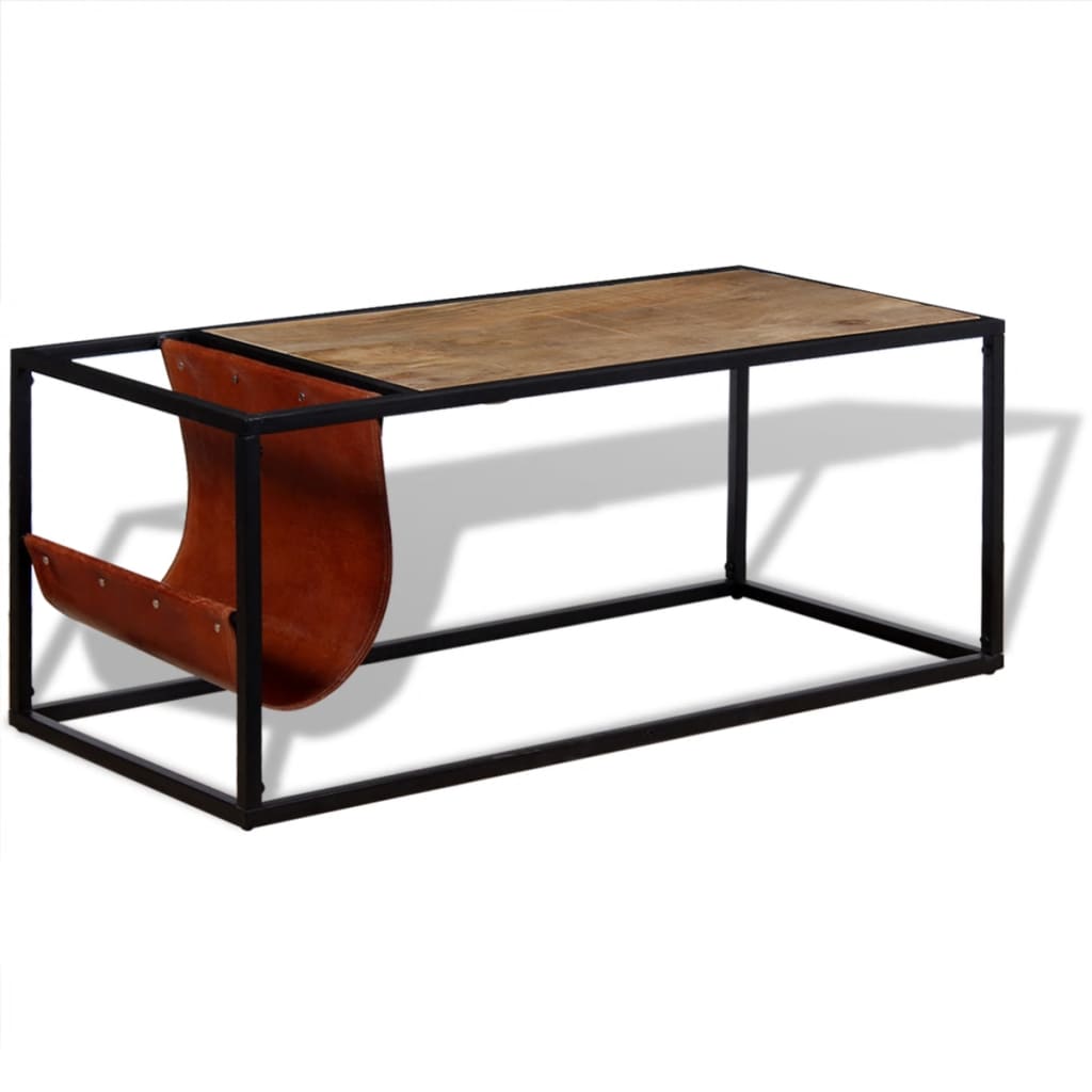 vidaXL Konferenčný stolík s držiakom na časopisy z pravej kože, 110x50x45 cm