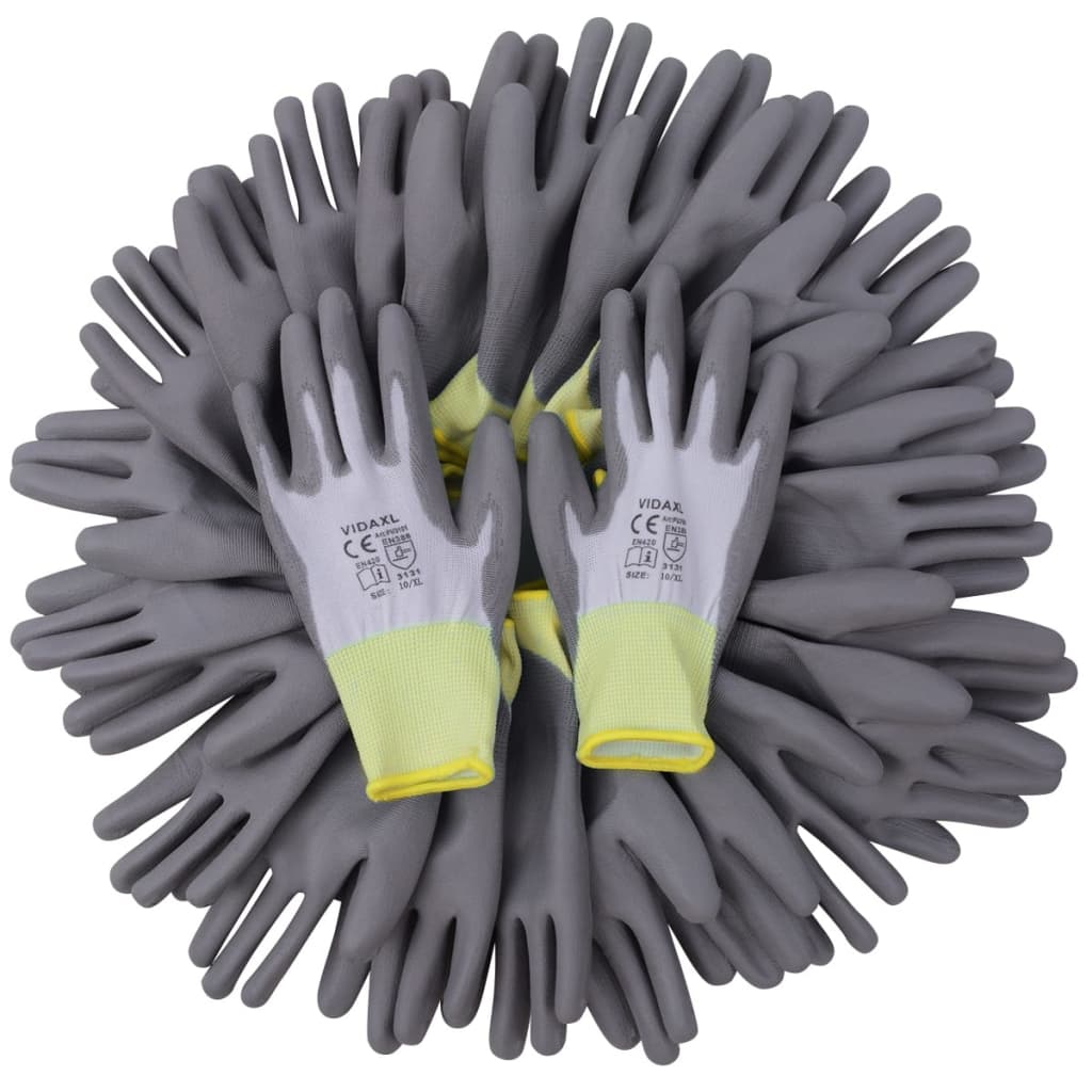 Bielo šedé pracovné rukavice z PU, veľkosť 10/XL, 24 párov vidaXL