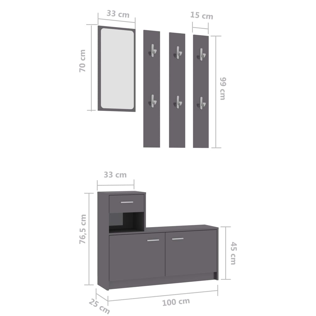 vidaXL Nábytok do chodby, lesklý sivý 100x25x76,5 cm, kompozitné drevo
