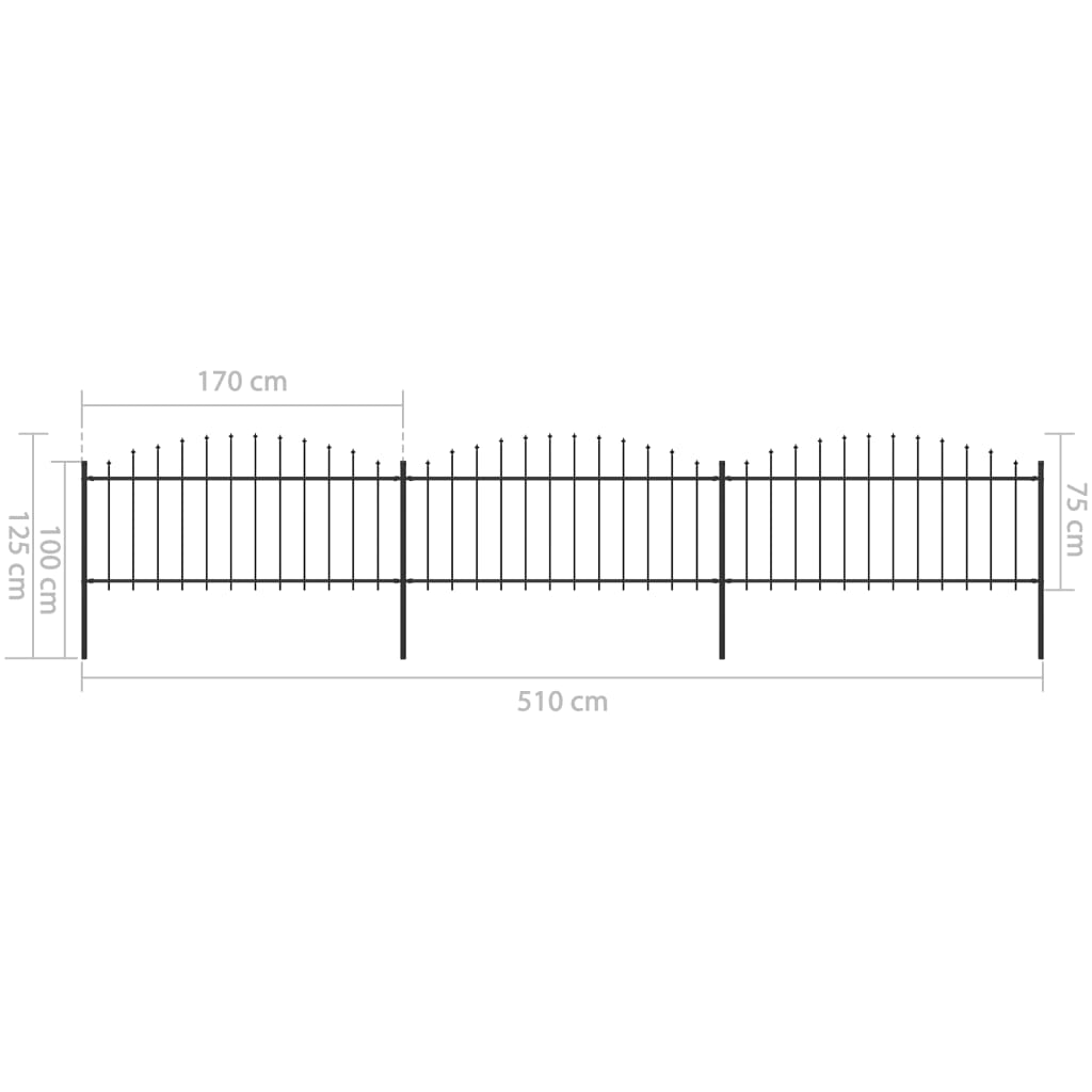 vidaXL Záhradný plot s hrotmi, oceľ (0,5-0,75)x5,1 m, čierny