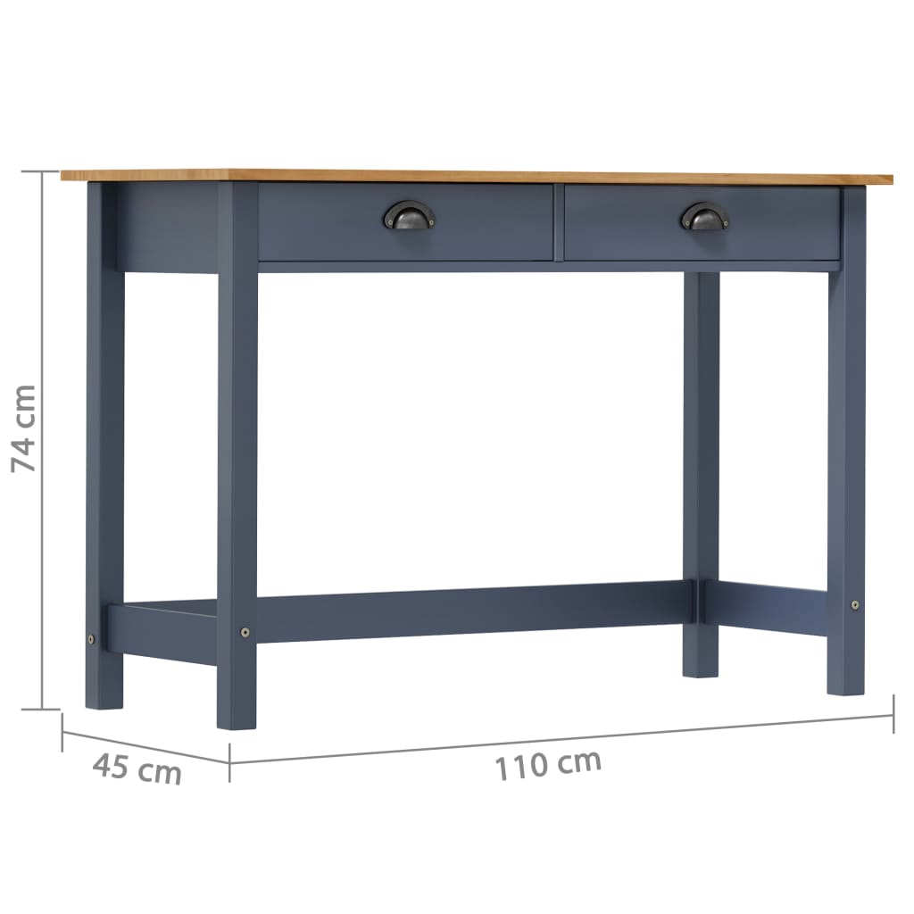 vidaXL Konzolový stolík Hill, 2 zásuvky, sivý 110x45x74 cm, borovica