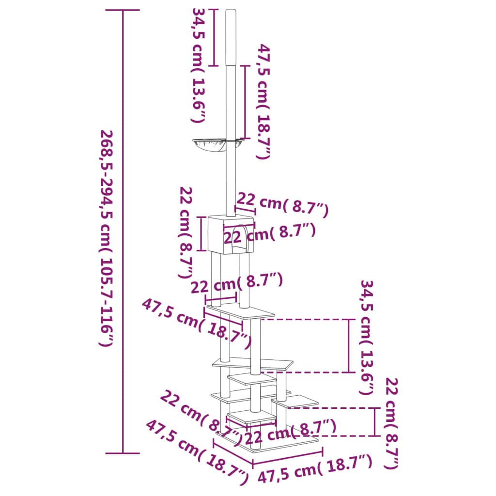 vidaXL Strom pre mačky od podlahy po strop tmavosivý 268,5-294,5 cm