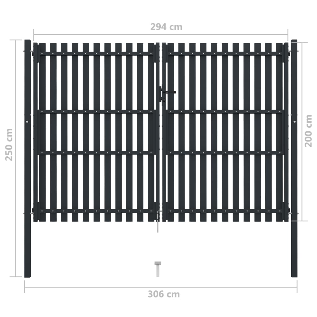vidaXL Dvojkrídlová plotová brána, oceľ 306x250 cm, antracitová