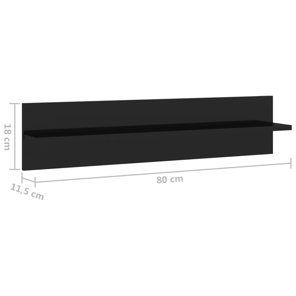 vidaXL Nástenné police 2 ks lesklé čierne 80x11,5x18 cm drevotrieska
