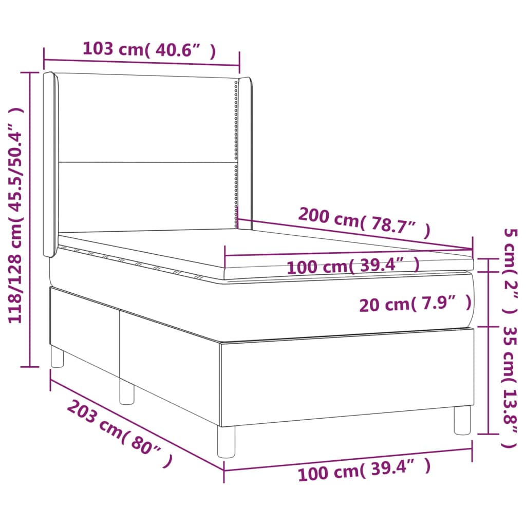 vidaXL Posteľný rám boxsping matrac a LED tmavozelený 100x200 cm zamat
