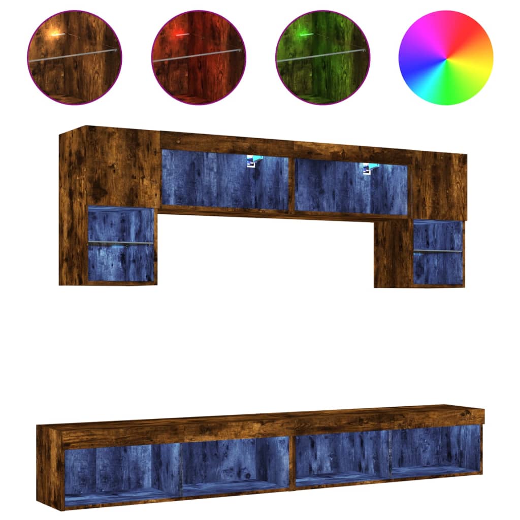 vidaXL 6-dielne TV nástenné skrinky s LED dymový dub kompozitné drevo