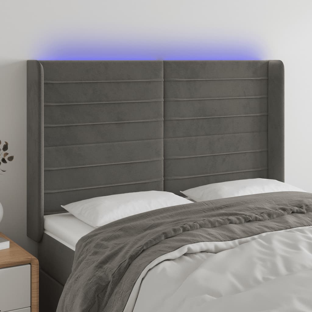 vidaXL Čelo postele s LED tmavosivé 147x16x118/128 cm zamat