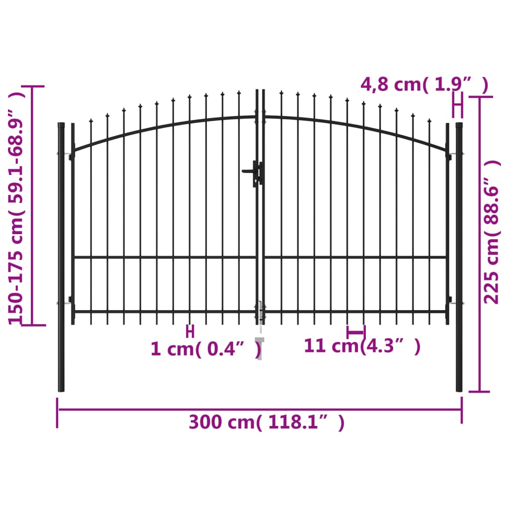 vidaXL Dvojkrídlová plotová brána s hrotmi, oceľ 3x1,75 m, čierna