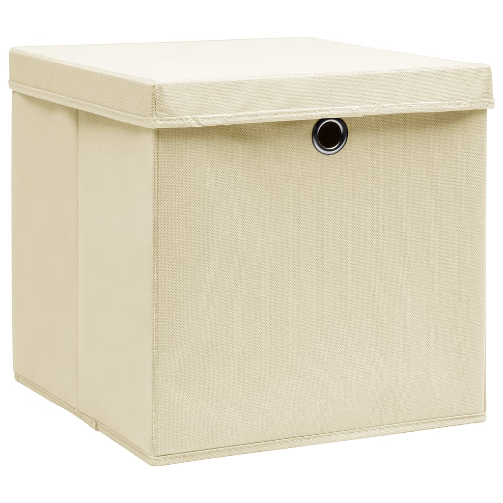 vidaXL Úložné boxy s vekom 10 ks, krémové 32x32x32 cm, látka