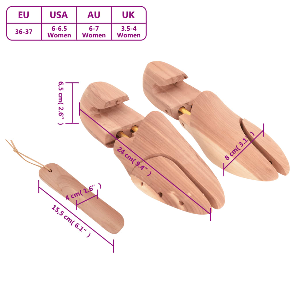 vidaXL Napínač topánok s obuvákom EU 36-37 masívne cédrové drevo