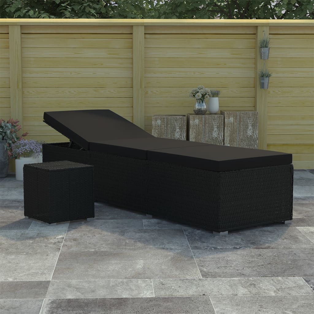 vidaXL Záhradné ležadlo s vankúšom a čajovým stolíkom čierne polyratanové