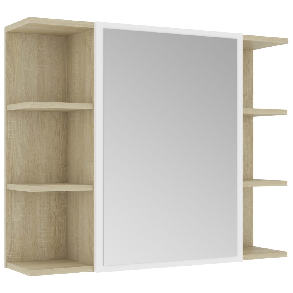 vidaXL Skrinka so zrkadlom, biela a sonoma 80x20,5x64 cm, drevotrieska