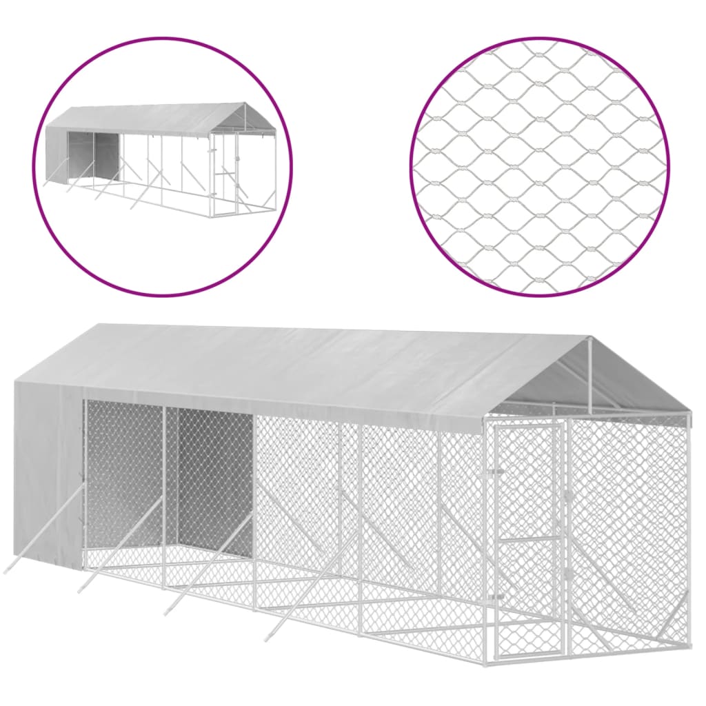 vidaXL Vonkajší koterec pre psov so strechou striebor. 2x10x2,5m oceľ