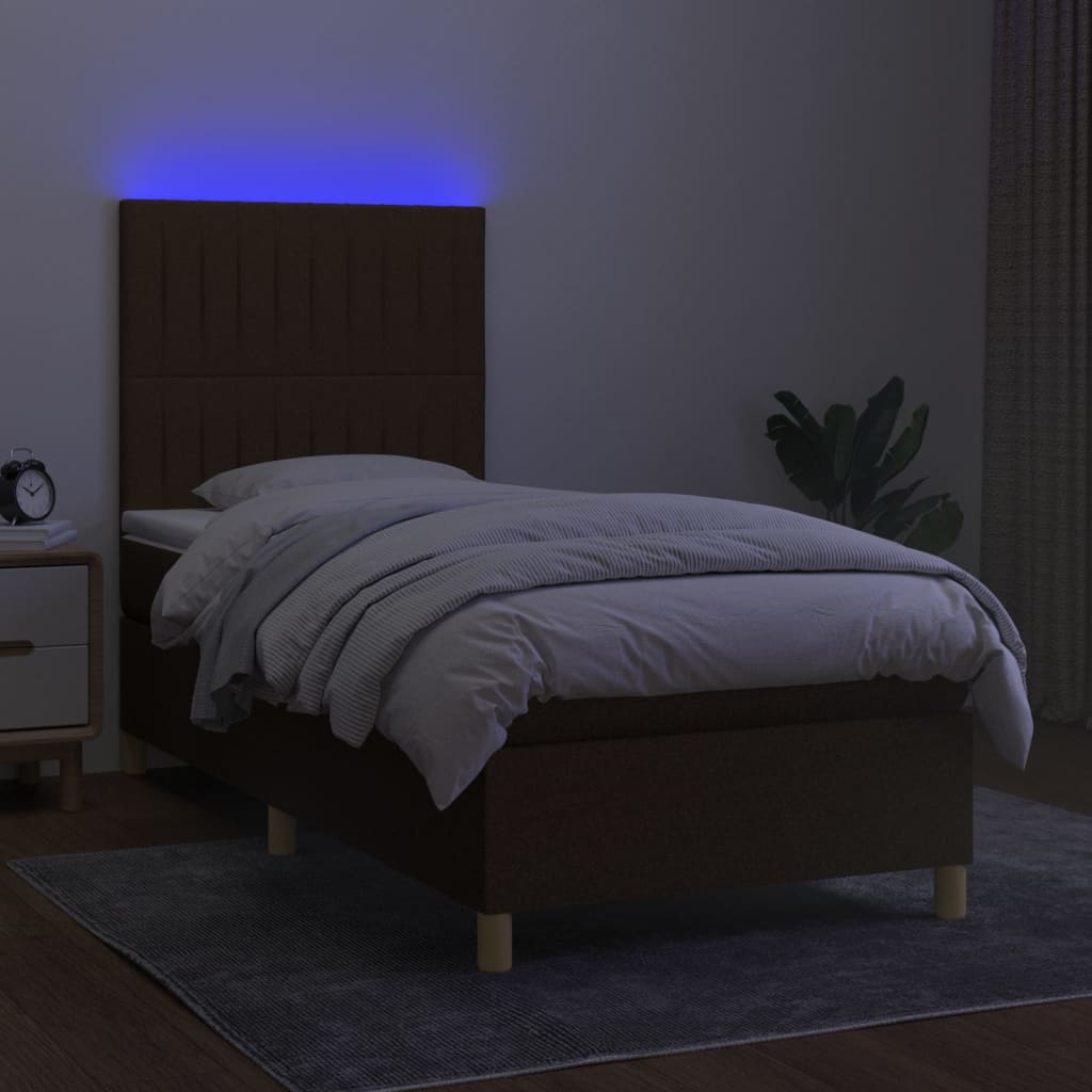 vidaXL Posteľ boxsping s matracom a LED tmavohnedá 90x190 cm látka