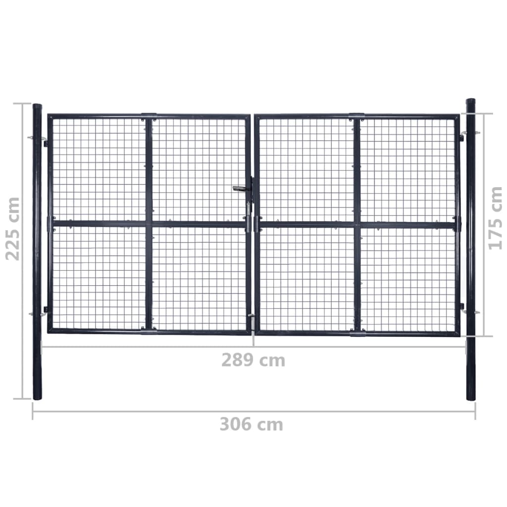 vidaXL Záhradná brána, pletivo, pozinkovaná oceľ 289x175 cm, sivá