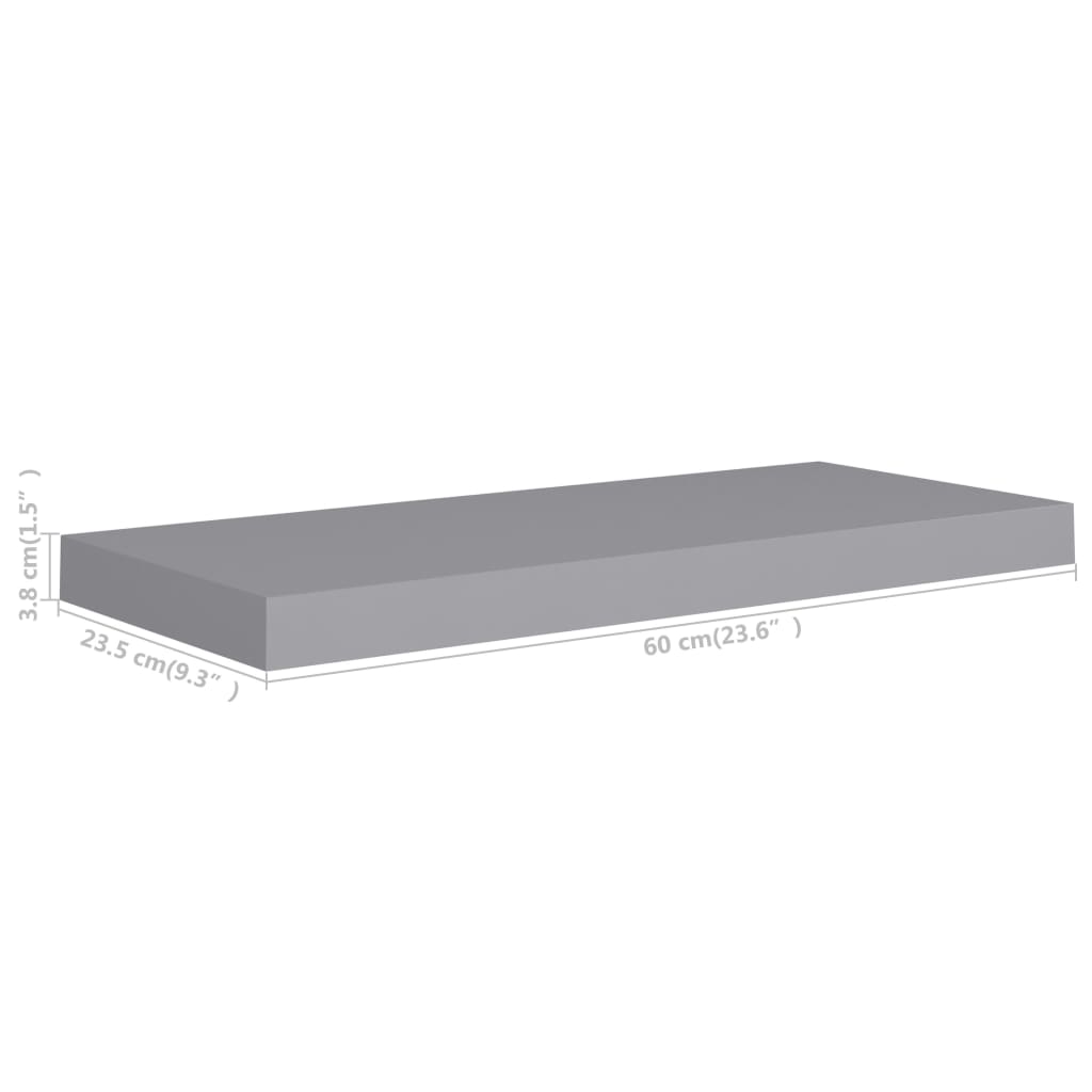 vidaXL Plávajúce nástenné police 2 ks, sivé 60x23,5x3,8 cm, MDF